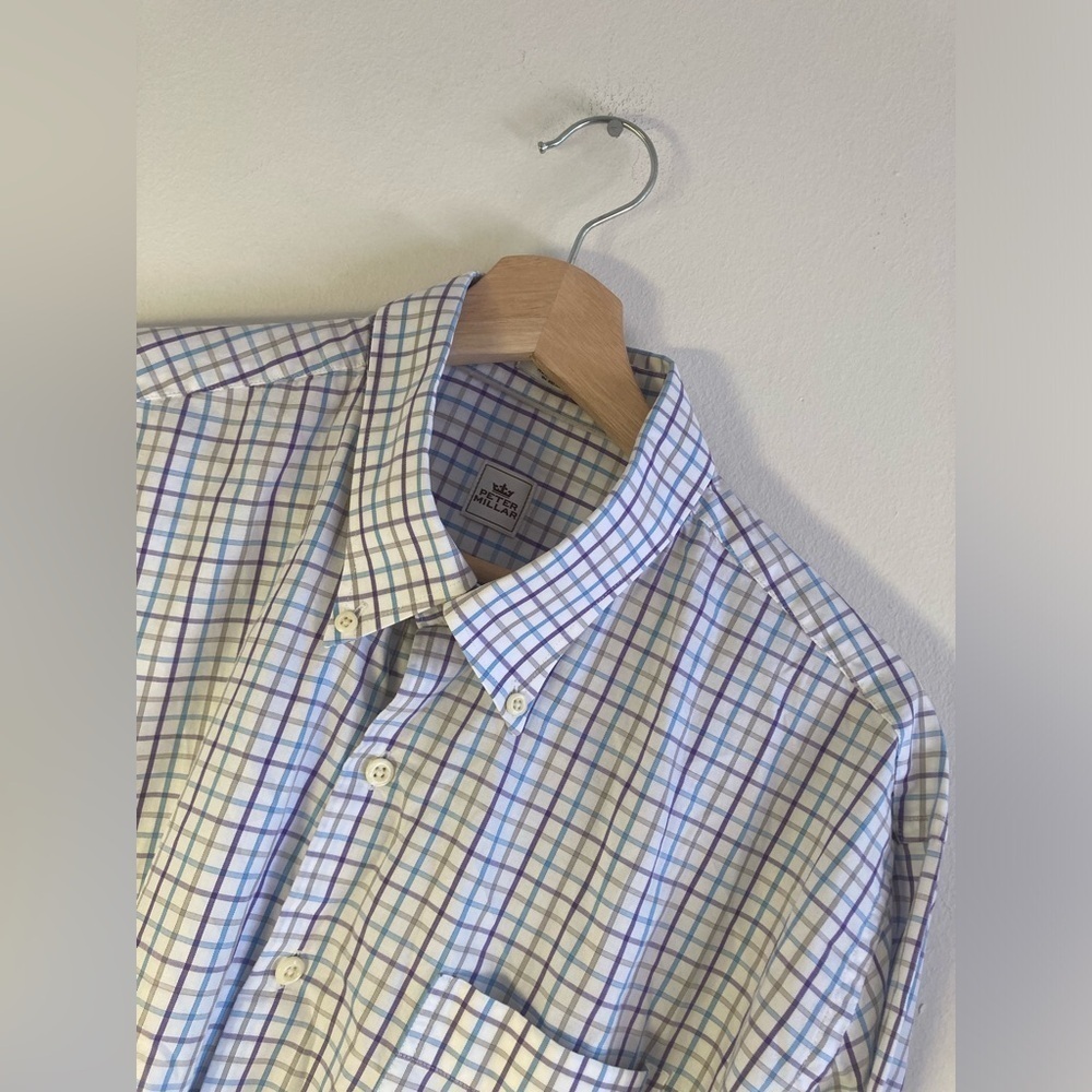 Peter Millar Shirt Mens XL Button Up Long Sleeve Purple Blue Plaid Cotton Easter